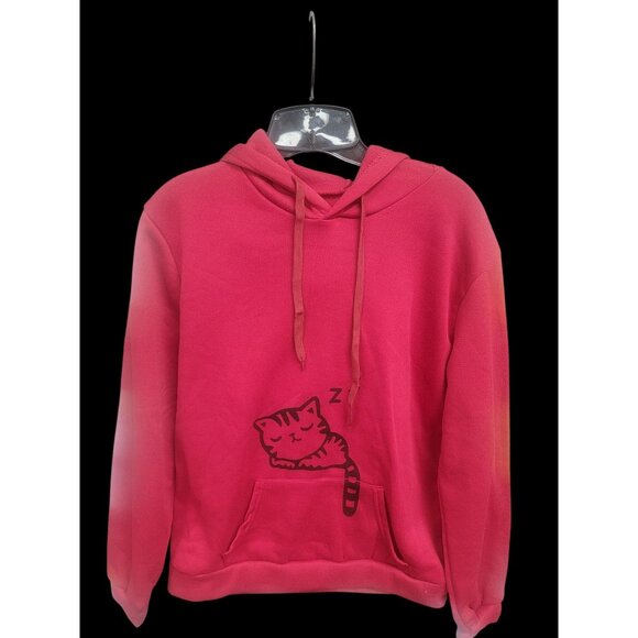 Cozy Red Hoodie With Sleeping Cat Print & Front Pocket - Picture 1 of 2